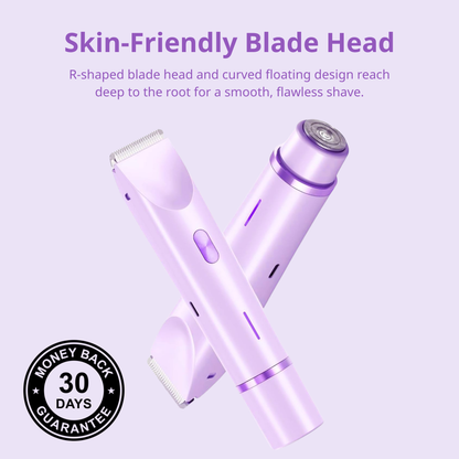 Purple electric shaver with text about skin-friendly blade head on a light purple background