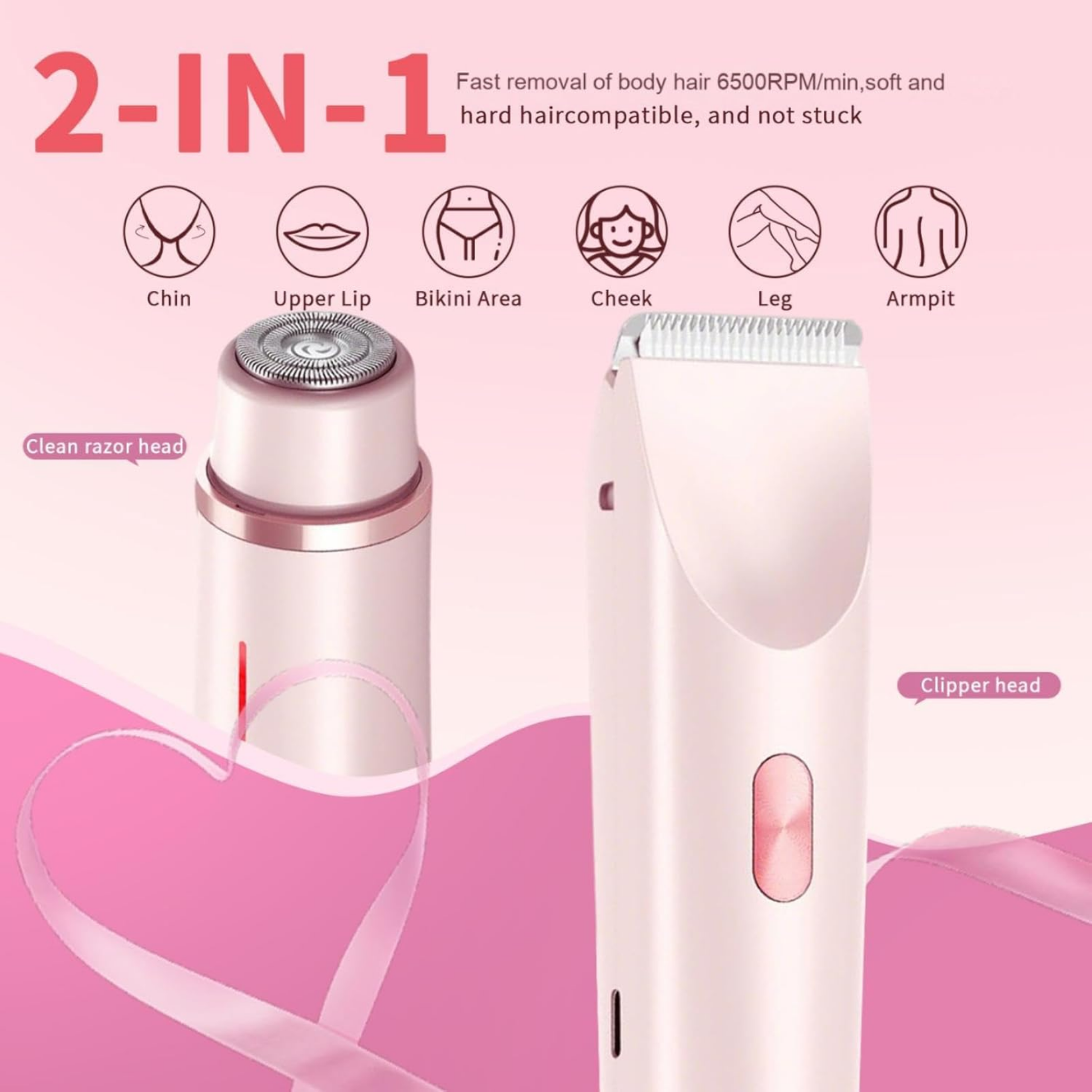 2-in-1 hair removal device with cleaning razor head and clipper head on a pink background.