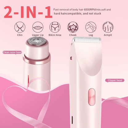 2-in-1 hair removal device with cleaning razor head and clipper head on a pink background.