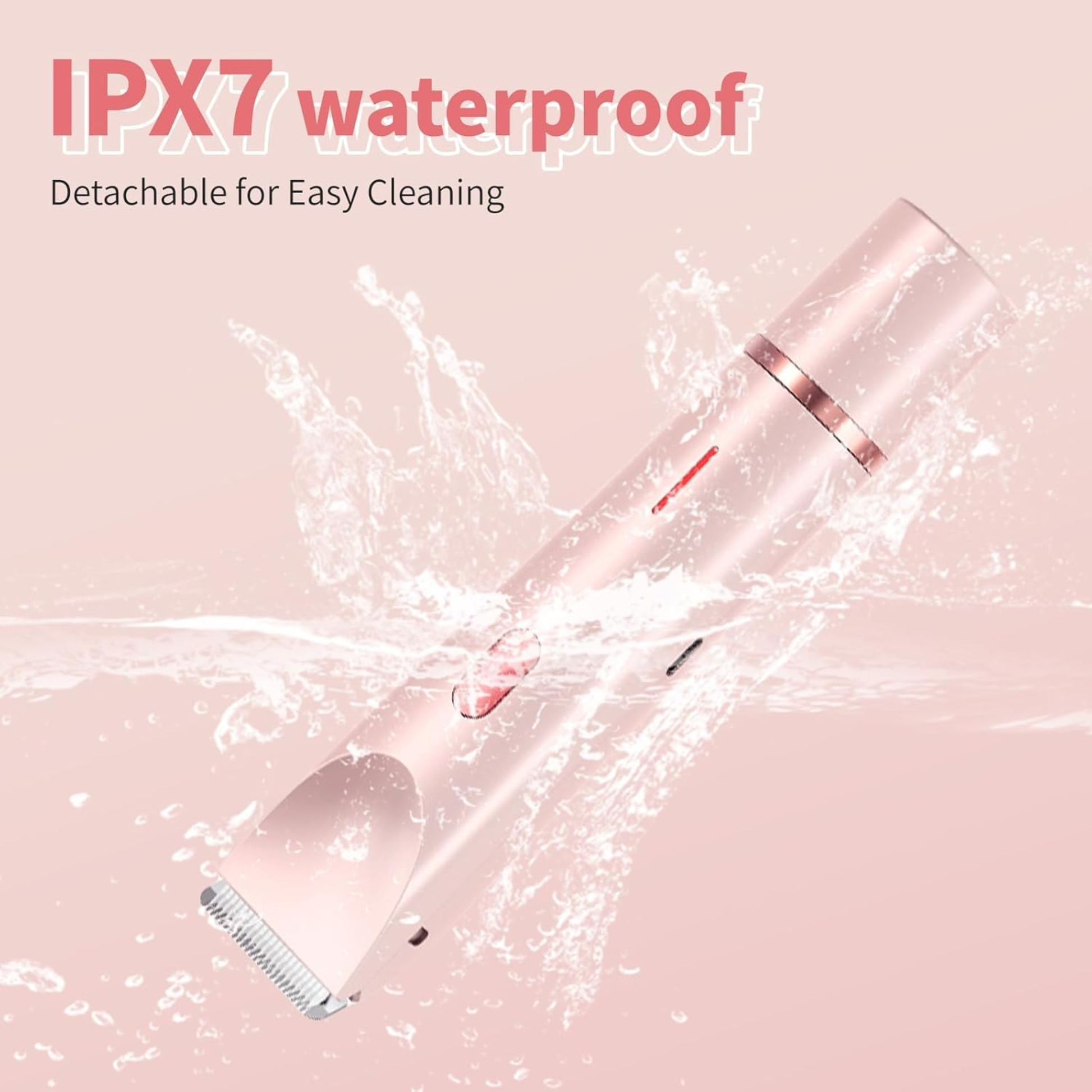 Pink hair trimmer with water splashes on a pink background, featuring IPX7 waterproof text.