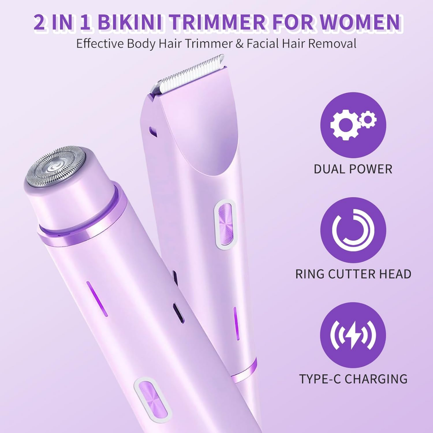 2-in-1 bikini trimmer for women with dual power, ring cutter head, and type-C charging on a purple background.