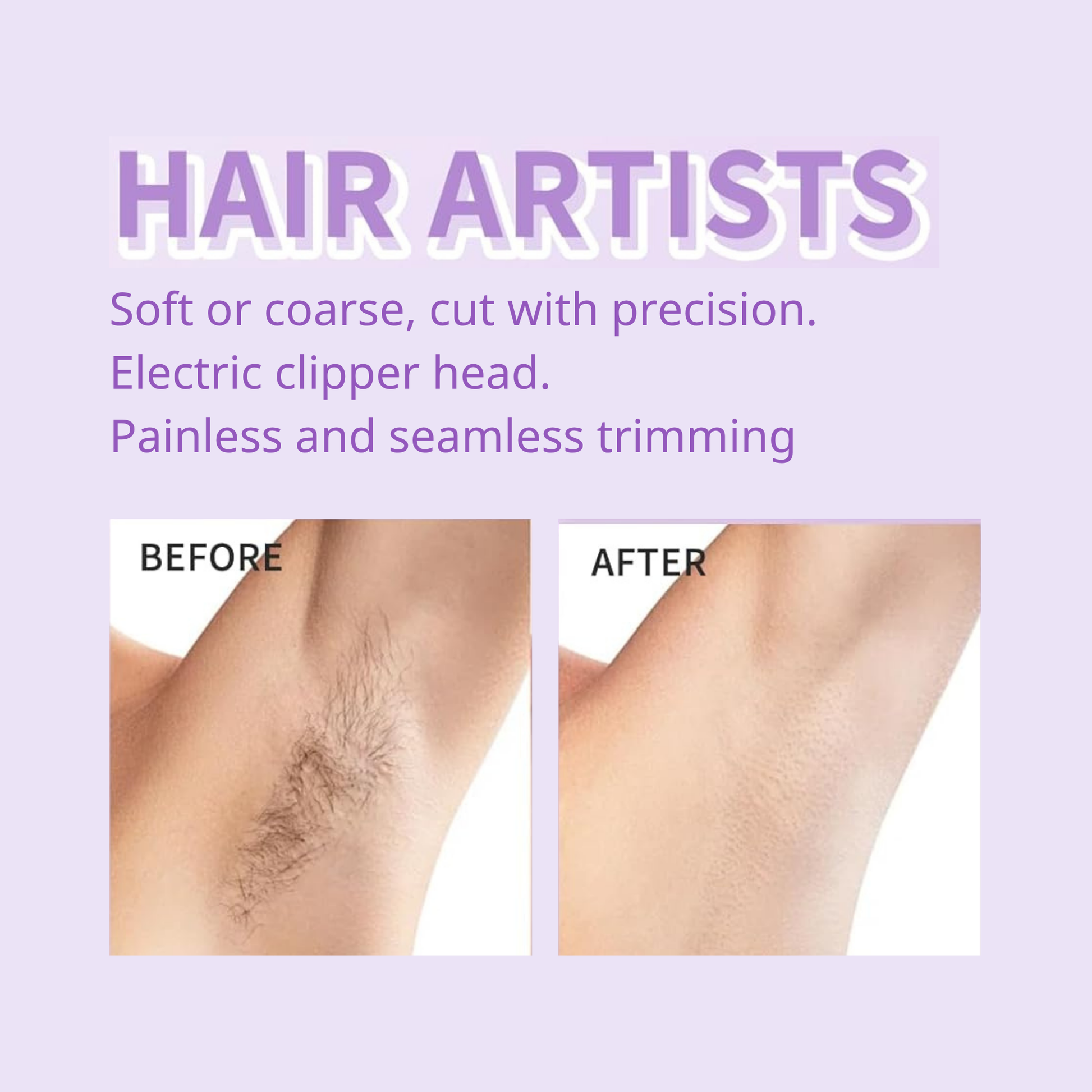 Before and after comparison of hair removal using an electric clipper with 'Hair Artists' branding.