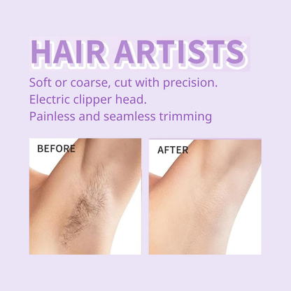 Before and after comparison of hair removal using an electric clipper with 'Hair Artists' branding.