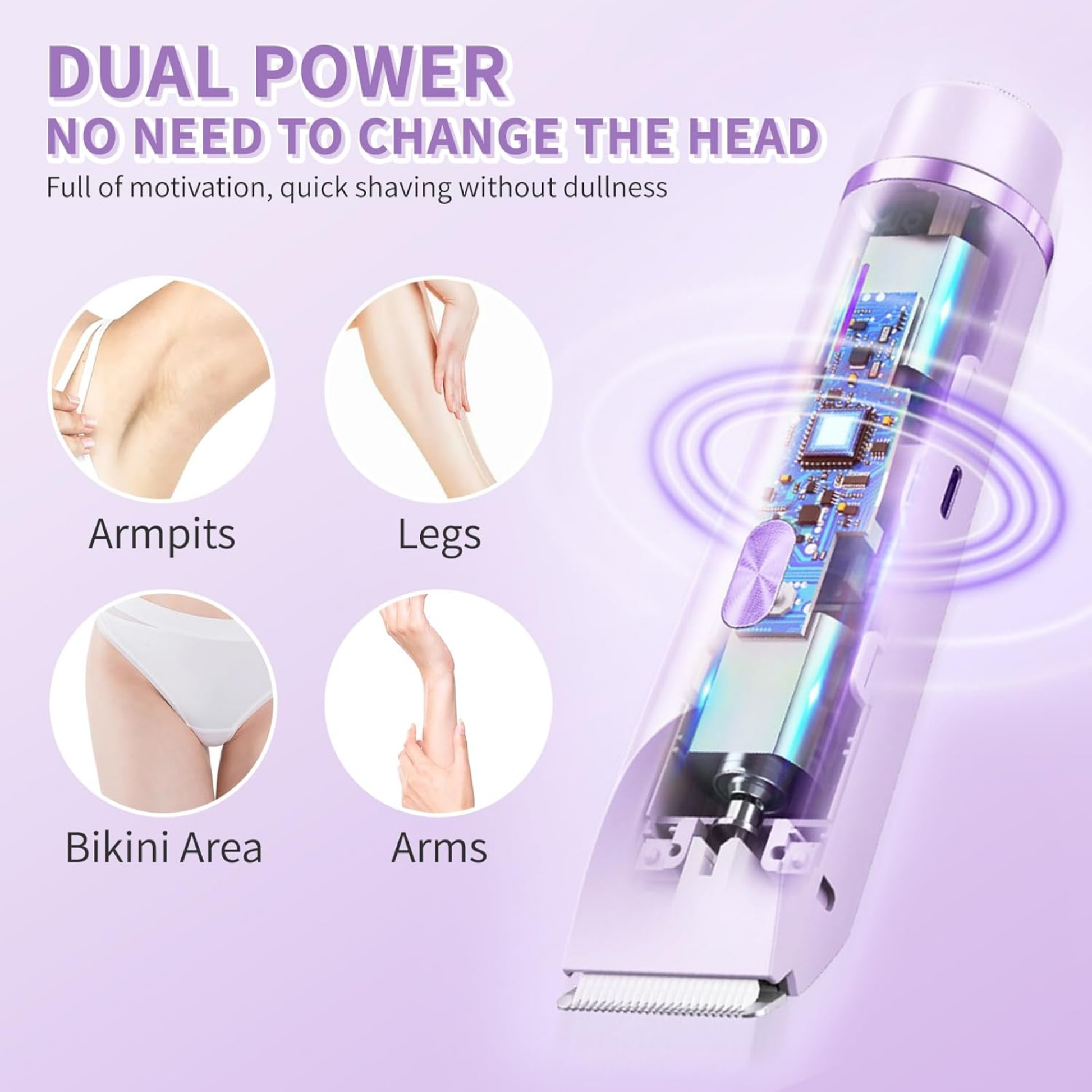 Electric shaver with dual power feature on a purple background