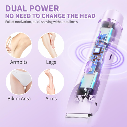 Electric shaver with dual power feature on a purple background