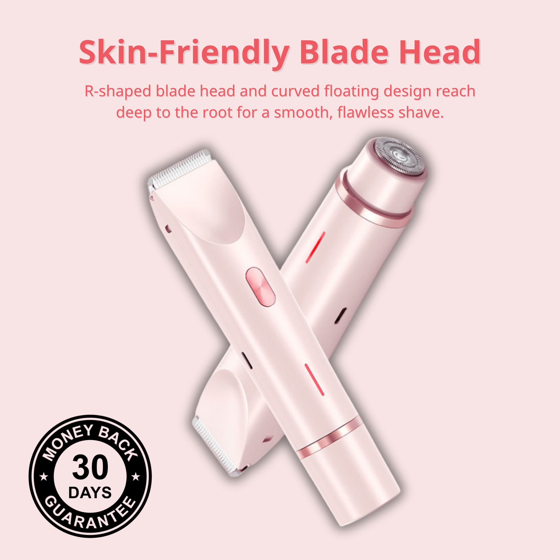 Pink electric shaver with text about skin-friendly blade head on a light pink background