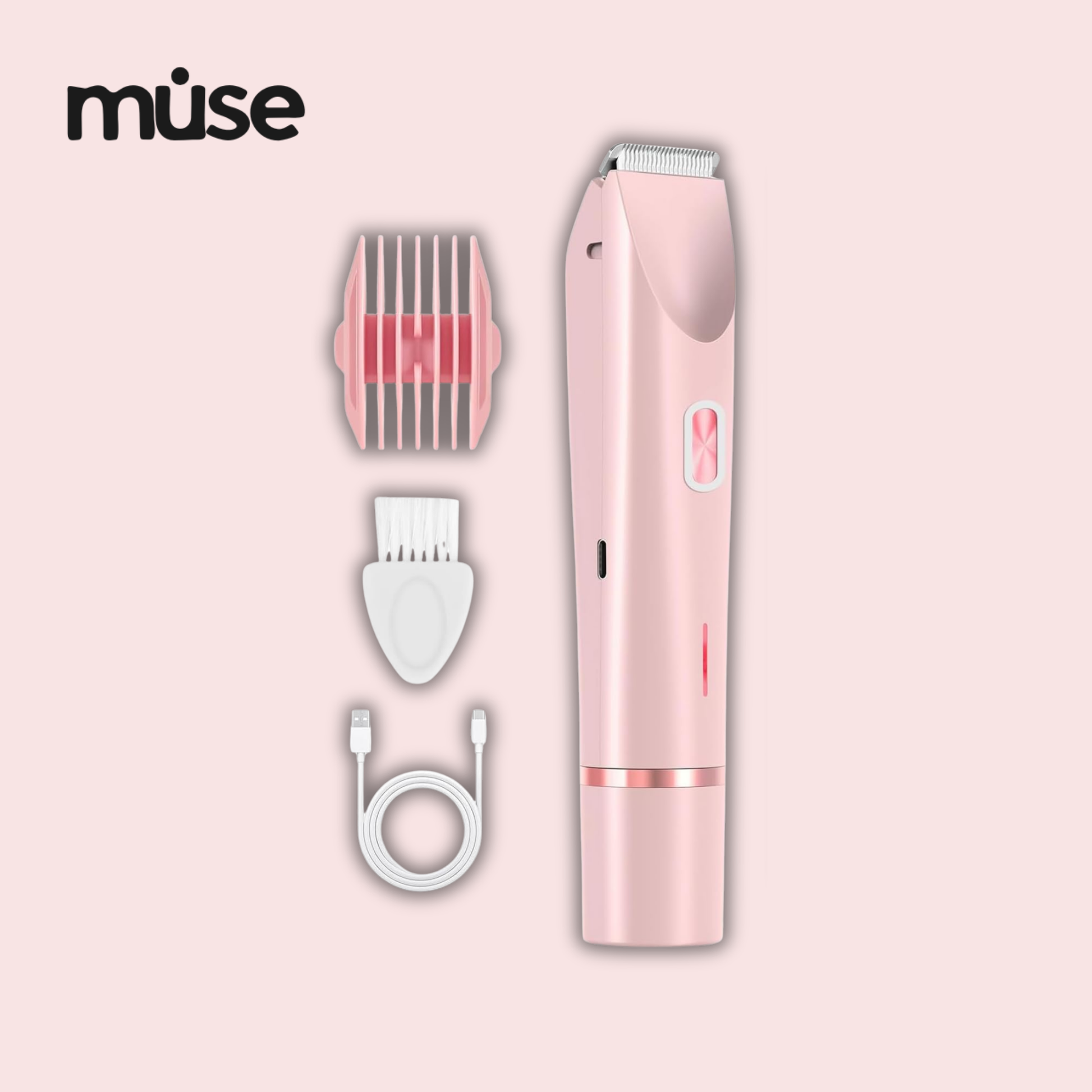 Pink grooming device with attachments on a light pink background, featuring the Muse brand.